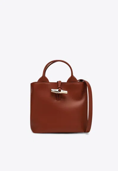 Longchamp Small Le Roseau Calf Leather Top Handle Bag In Brown