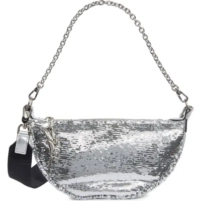Longchamp Smile Glitter Sequin Half Moon Convertible Crossbody Bag In Silver