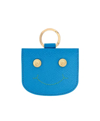 Longchamp Leather Card Holder With Metal Ring In Light Blue