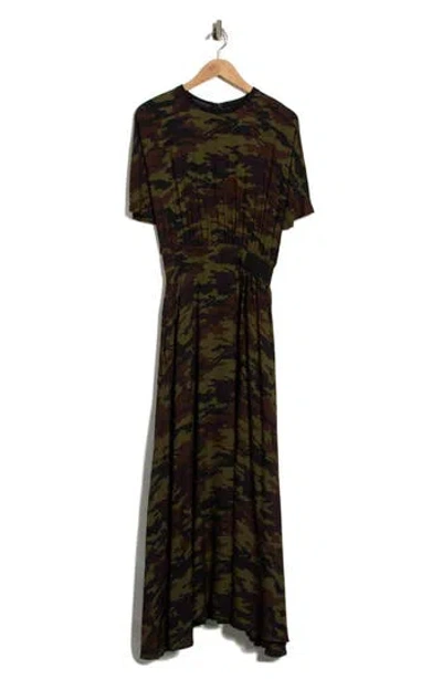 Longchamp Smocked Waist Short Sleeve Long Dress In Khaki