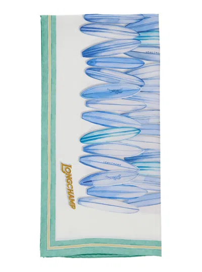 Longchamp Multicolor Silk Square Scarf With All-over Motif And Logo Lettering Woman In White