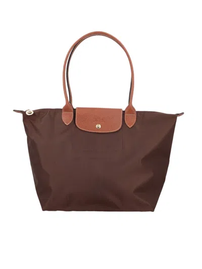 Longchamp Spacious Brown Tote Bag With Leather Accents And Flap Closure In Grey