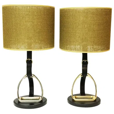 Pre-owned Longchamp Stirrup Stitched Leather Lamps, France, 1950s In Brown