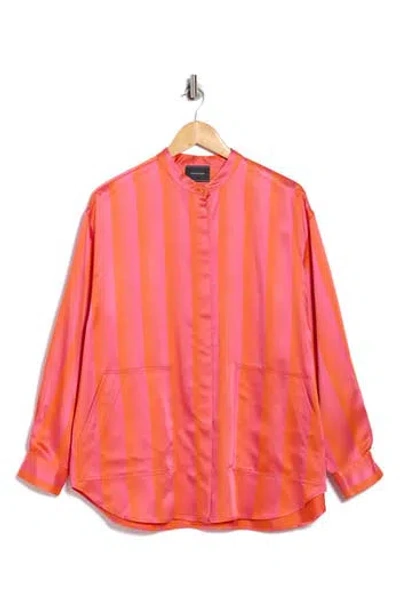 Longchamp Stripe Long Sleeve Satin Button-up Shirt In Pink