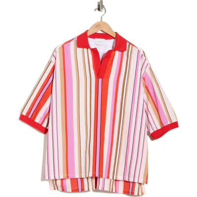 Longchamp Stripe Short Sleeve Cotton Blend Shirt In Pink