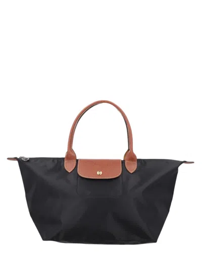 Longchamp Structured Black Polyamide Tote With Brown Leather Flap Closure