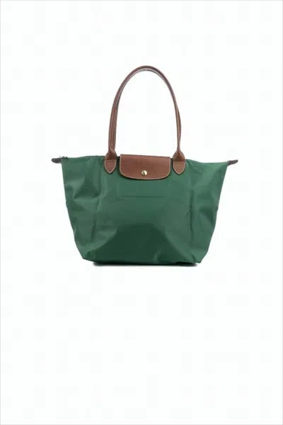 Longchamp Structured Green Tote Bag In White