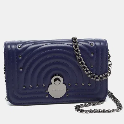 Pre-owned Longchamp Studded Cavalcade Small Navy Blue Quilted Leather Wallet On Chain