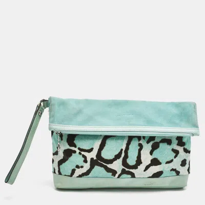 Pre-owned Longchamp Turquoise Calf Hair Leopard Print And Mix Leather Fold Over Clutch