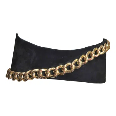 Pre-owned Longchamp Wide Suede Belt With Gold Chain 1990s In Black