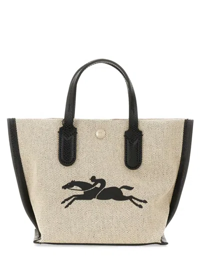 Longchamp Textured Cotton Handbag With Leather Handles In Multi
