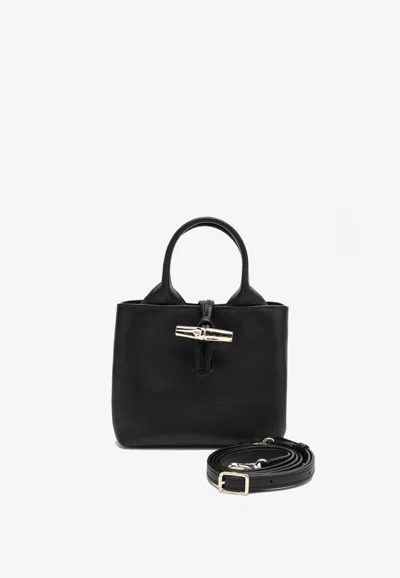 Longchamp Xs Le Roseau Leather Top Handle Bag In Black