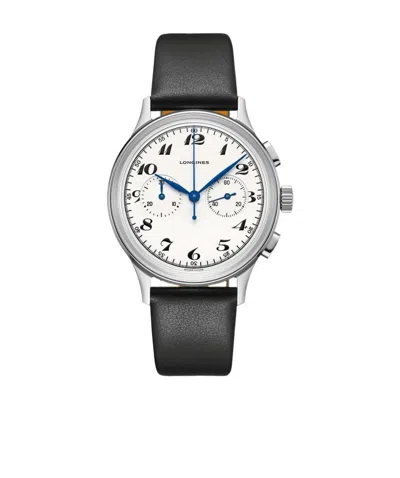 Longines Heritage Chronograph Silver Dial Black Leather Strap Men's Watch In White