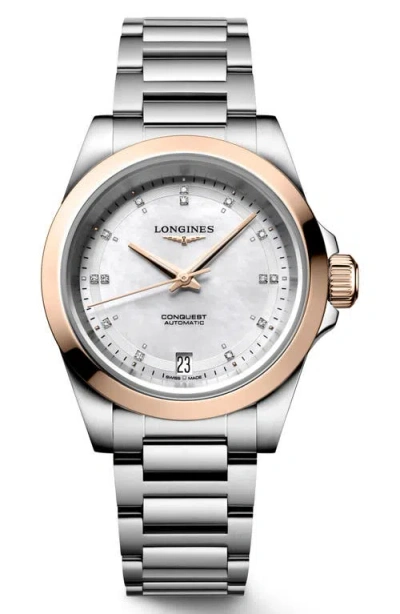 Longines Conquest 18k Rose Gold Bezel, Mother-of-pearl & Diamond Automatic Bracelet Watch, 34mm In Metallic