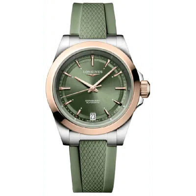 Longines Conquest Automatic Green Dial 18k Rose Gold Plated Bezel Rubber Strap Women's Watch L3.430.5.02.9
