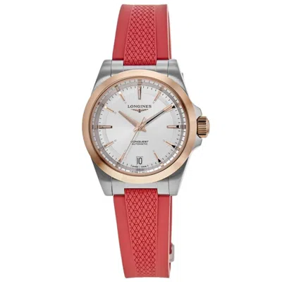 Longines Conquest Automatic Silver Dial 18k Rose Gold Plated Bezel Rubber Strap Women's Watch L3.430.5.72.9 In Pink
