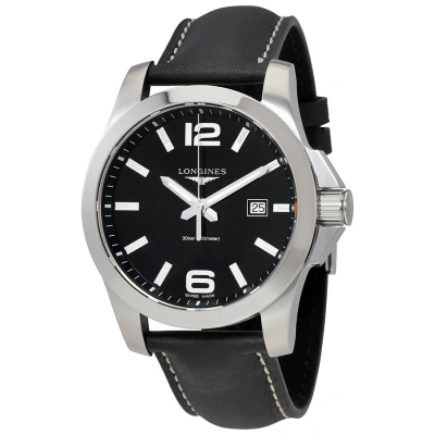 Longines Conquest Black Dial Black Leather Men's 43mm Watch L37604563