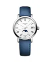 Longines Women's Swiss Elegant Moonphase Blue Leather Strap Watch 30mm In White/blue