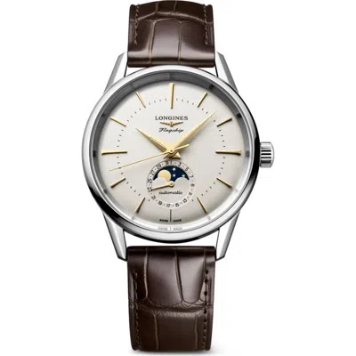 Longines Flagship Heritage Moonphase Automatic Alligator Embossed Leather Strap Watch, 38.5mm
