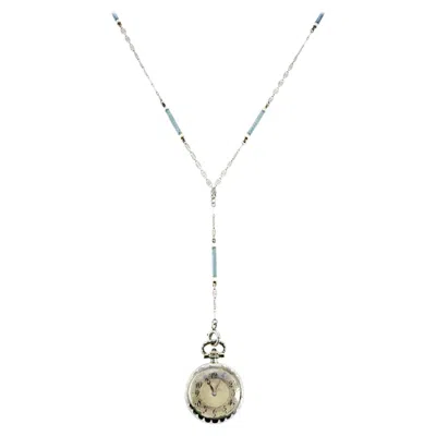 Pre-owned Longines Grey Blue White Gold Art Deco Enamel Watch Pendant