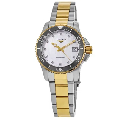 Longines Hydroconquest Quartz White Mother Of Pearl Diamond Dial Two-tone Steel Women's Watch L3.370.3.87.6 In Metallic