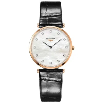 Longines La Grande Classique Quartz Mother Of Pearl Diamond Dial Black Leather Strap Men's Watch L4.709.1.88. In Multi