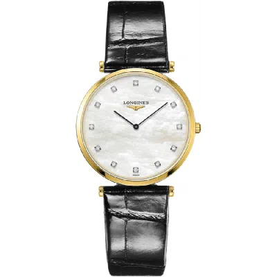 Longines La Grande Classique Quartz Mother Of Pearl Diamond Dial Leather Strap Women's Watch L4.709.2.88.2 In Black