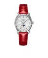 Longines Women's Swiss Automatic Master Diamond (1/20 Ct. T.w.) Red Leather Strap Watch 34mm In Silver