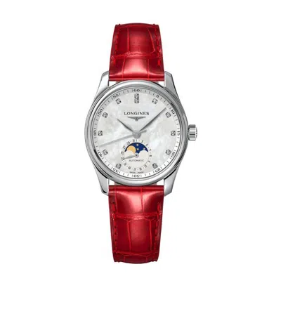 Longines Women's Swiss Automatic Master Diamond (1/20 Ct. T.w.) Red Leather Strap Watch 34mm In Silver