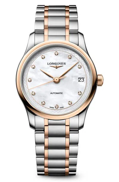 Longines Master Automatic Diamond Bracelet Watch, 34mm In White Mother Of Pearl