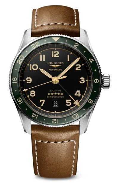 Longines Men's Swiss Automatic Spirit Zulu Time Brown Leather Strap Watch 42mm In Black