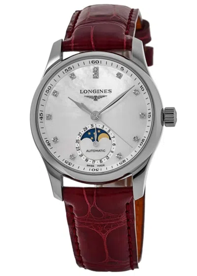 Longines Master Collection Automatic 34mm Mother Of Pearl Diamond Dial Leather Strap Women's Watch L2.409.4.8 In Multi