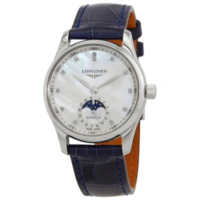 Longines Master Collection Automatic Diamond White Mother Of Pearl Dial Ladies Watch L24094870 In Blue