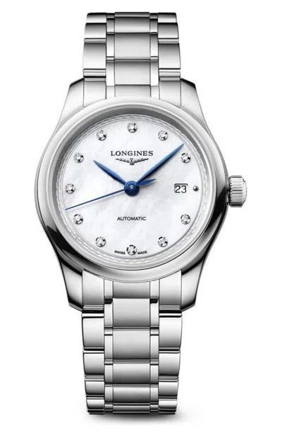 Longines Master Collection Diamond Mother Of Pearl Automatic Bracelet Watch, 30mm In White Mother-of-pearl