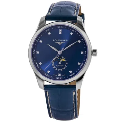 Longines Master Collection Moonphase Automatic Blue Diamond Dial Leather Strap Men's Watch L2.919.4.97.0 In Silver