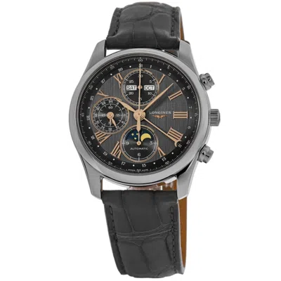 Longines Master Collection Moonphase Chronograph Grey Dial Leather Strap Men's Watch L2.773.4.61.2 In Black