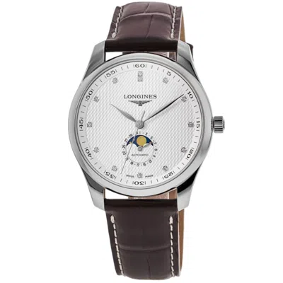 Longines Master Collection Moonphase Silver Diamond Dial Leather Strap Men's Watch L2.919.4.77.3 In Brown