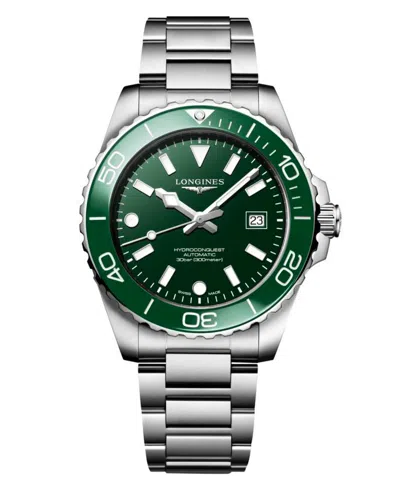 Longines Men's Hydroconquest Silver Stainless Steel Bracelet Watch 42mm In Silver,green Bezel