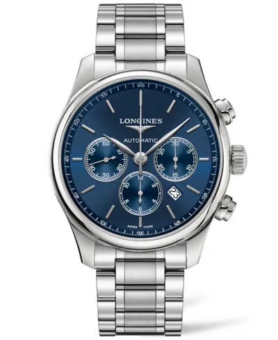 Longines Men's Swiss Automatic Chronograph Master Collection Stainless Steel Bracelet Watch 44mm In Blue