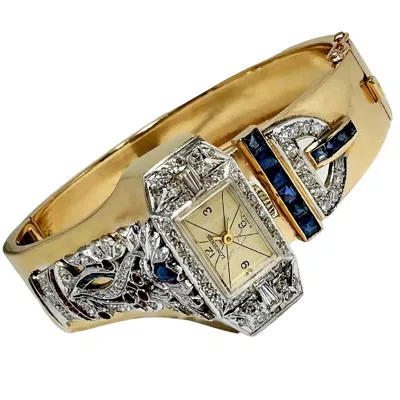 Pre-owned Longines Mid-20th Century  Driving Watch In 14k Gold And Platinum With Gemstones In Multi