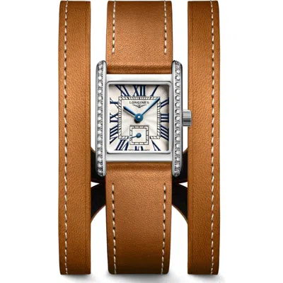 Longines Mini Dolcevita Three-row Brown Leather Strap Watch, 21.5mm X 29mm In Gray