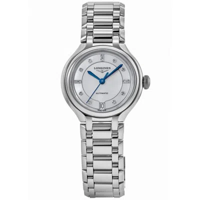 Longines Primaluna Automatic White Mother Of Pearl Diamond Dial Steel Women's Watch L8.124.4.87.6 In Metallic