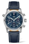 Longines Spirit Automatic Chronograph Leather Strap Watch, 42mm In Blue/silver