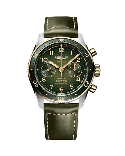 Longines Men's Swiss Automatic Chronograph Spirit Flyback Green Leather Strap Watch 42mm In No Color