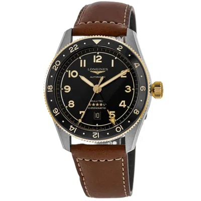 Longines Spirit Zulu Time Automatic Gmt Black Dial 18k Yellow Gold Bezel Leather Strap Men's Watch L3.802.5.5 In Brown