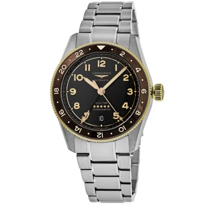 Longines Spirit Zulu Time Automatic Gmt Grey Dial 18k Yellow Gold Bezel Leather Strap Men's Watch L3.812.5.53 In Burgundy