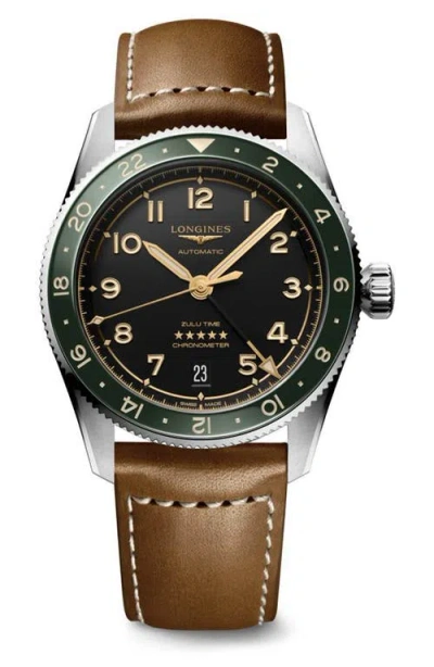 Longines Spirit Zulu Time Gmt Automatic Leather Strap Watch, 39mm In Brown