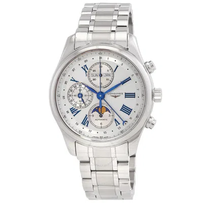 Longines The  Master Collection Chronograph Gmt Automatic Moon Phase Silver Dial Men's Watch In White