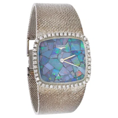 Pre-owned Longines Vintage  Opal Mosaic Dial 34mm Diamond Bezel 18k White Gold Watch