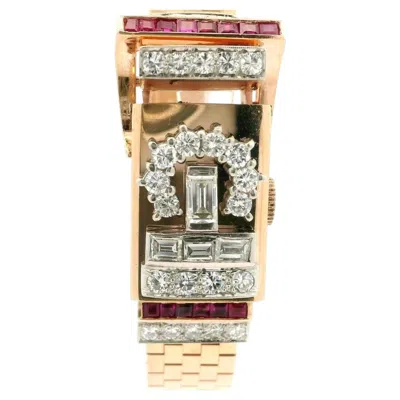 Pre-owned Longines Vintage Retro Fancy  14k Rose Gold Diamond & Ruby Hidden Watch Bracelet In Red